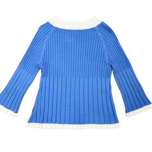 Covington Blue White Ribbed Button Cardigan Sweater M Retro Statement Knit - Picture 7 of 10